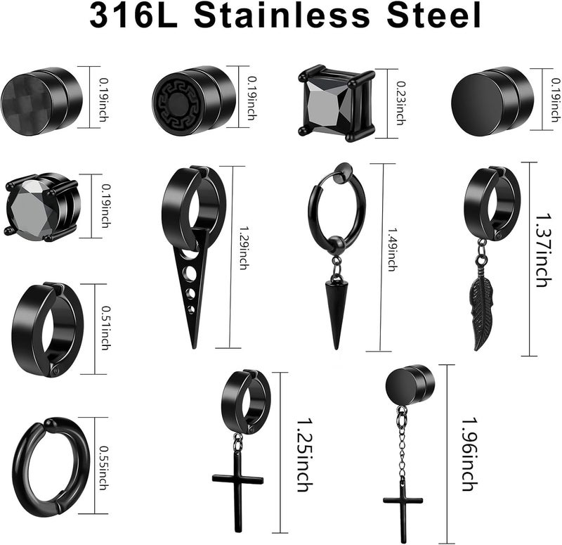 ONESING 12 Pairs Black Magnetic Earrings: Clip On, Hoop & Dangle Designs - Non-Piercing Set for Men & Women - Image 2